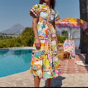 CELIA B Dress Cordelia Whimsical Colorful Scalloped Button Front Midi Dress S